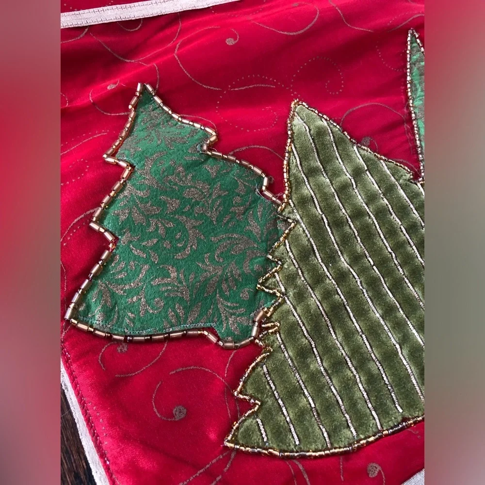Pier 1 Imports 13”x72” Red/Gold/Green Christmas Trees Appliqué Table Runner
